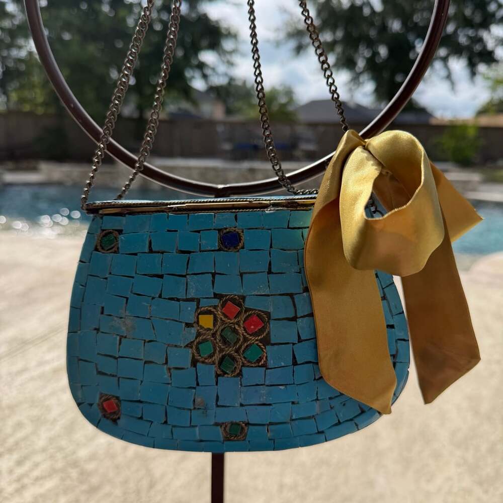 Vintage Handmade Mosaic Stone Metal Clutch Bag